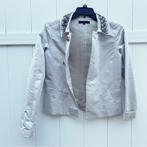 Lafayette 148 Bone Ivory Lined Silk Blazer Embellished Classic Collar | Size 4 - Picture 2 of 14